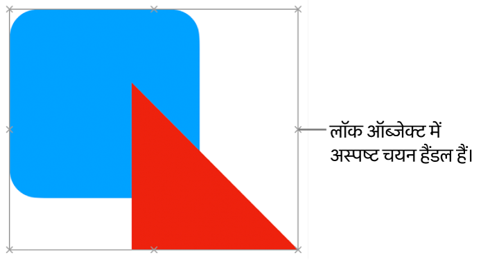 अस्पष्ट चयन हैंडल वाले लॉक किए गए ऑब्जेक्ट।