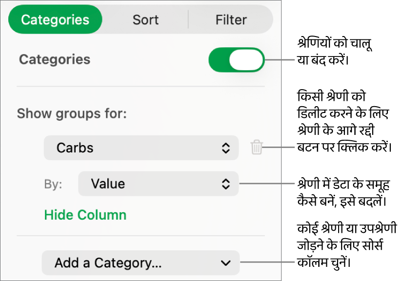 श्रेणियाँ बंद करने, श्रेणियाँ डिलीट करने, डेटा का फिर से समूह बनाने, सोर्स कॉलम छिपाने और श्रेणियाँ जोड़ने के विकल्पों के साथ श्रेणियों की साइडबार।