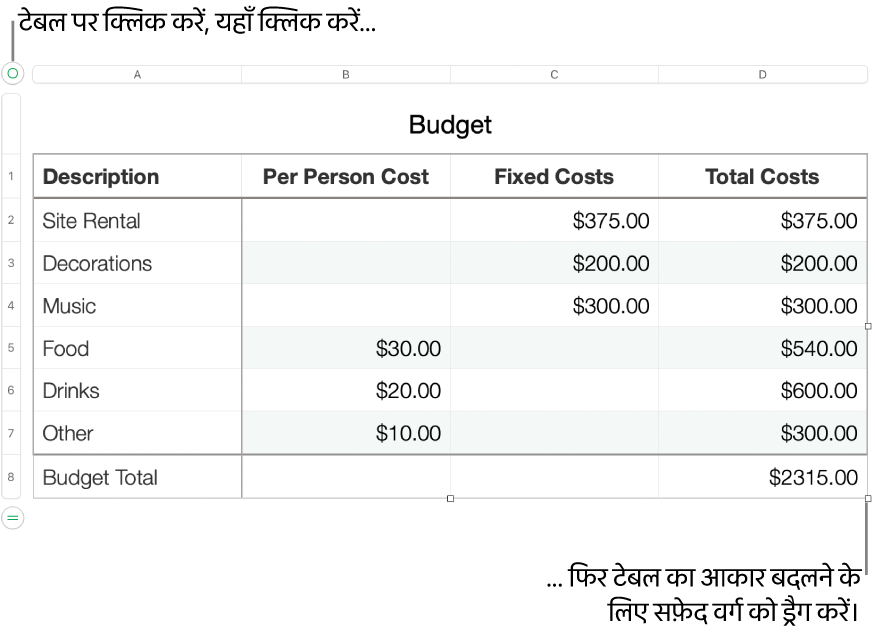 आकार बदलने के लिए सफ़ेद वर्गों के साथ चयनित टेबल।