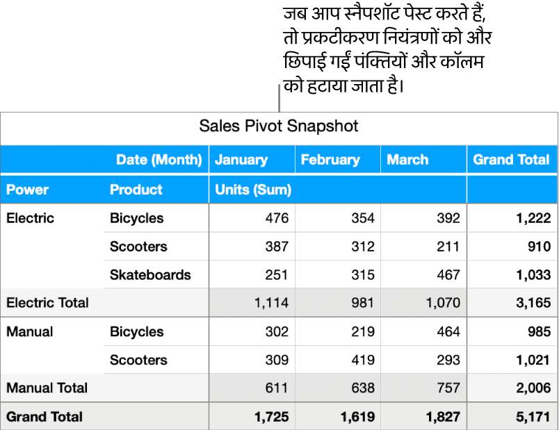 पिवट टेबल स्नैपशॉट।