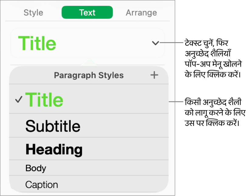 अनुच्छेद शैलियाँ मेनू।