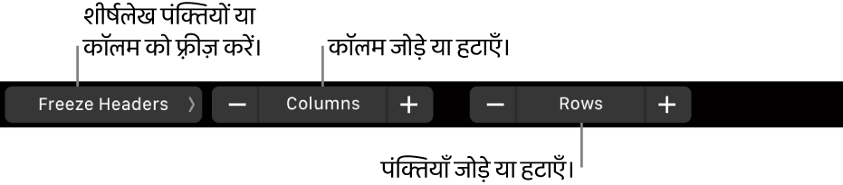 MacBook Pro Touch Bar हेडर पंक्तियों या कॉलम को फ़्रीज़ करने, कॉलम जोड़ने या हटाने और पंक्तियाँ जोड़ने या हटाने वाले नियंत्रणों के साथ।