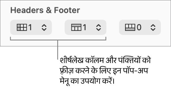 टेबल में हेडर या फ़ुटर कॉलम और पंक्तियों को जोड़ने तथा हेडर पंक्तियों व कॉलम को फ़्रीज़ करने से संबंधित पॉप-अप मेनू।