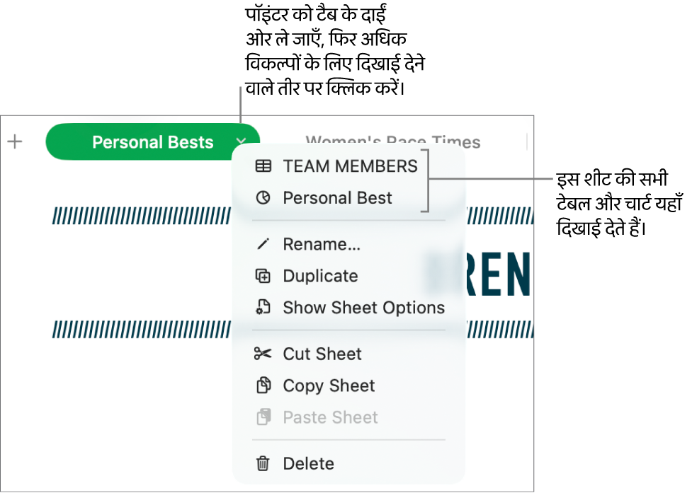 नक़ल सहित विकल्प दिखाता, शॉर्टकट मेनू खुले रखे हुए स्प्रेडशीट टैब।