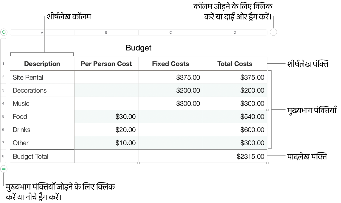 हेडर , मुख्य भाग, और फ़ुटर पंक्तियाँ और कॉलम, और पंक्तियाँ या कॉलम जोड़ने या डिलीट करने के हैंडल दिखाता टेबल।