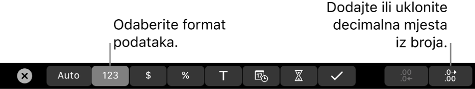 MacBook Pro Touch Bar s kontrolama za odabir formata podataka i dodavanje ili uklanjanje decimalnih mjesta iz broja.