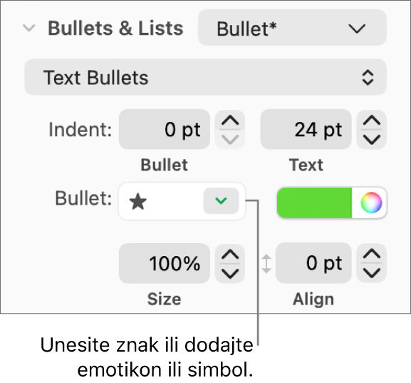 Odjeljak Grafičke oznake i popisi stupca Formatiraj. Polje Grafičke oznake prikazuje emotikon zvjezdice.