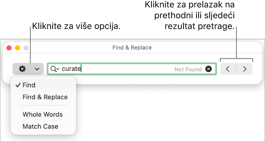 Prozor Pronađi i zamijeni sa skočnim izbornikom koji prikazuje opcije za Pronađi, Pronađi i zamijeni, Cijele riječi i Uskladi veličinu slova. Strelice na desnoj strani omogućuju vam da preskočite na prethodne ili sljedeće rezultate pretraživanja.