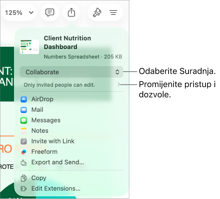 Izbornik dijeljenja s opcijom Suradnja odabran na vrhu i postavke pristupa i dozvola ispod.