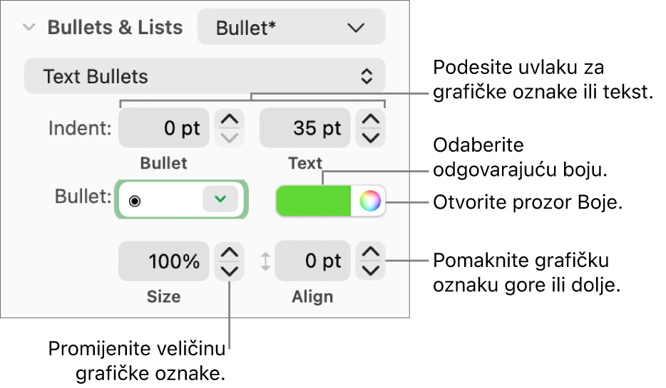 Odjeljak Grafičke oznake i popisi s balončićima za komande za uvlaku grafičke oznake i teksta, boju grafičke oznake, veličinu grafičke oznake i poravnanje.