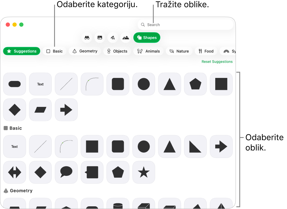 Medijateka s oblicima, s kategorijama u popisu na lijevoj strani i oblicima prikazanima na desnoj. Možete koristiti polje za pretraživanje na vrhu kako biste pronašli oblike i pomicati za više prikaza.