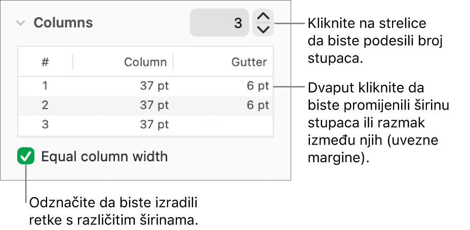 Kontrole u odjeljku sa stupcima koje služe za promjenu broja stupaca i širine svakog stupca.