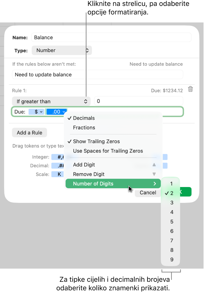 Prozor prilagođenog formata ćelije s kontrolama za odabir opcija prilagođenog formatiranja.