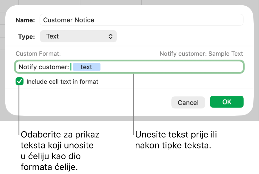 Vlastiti format tekstualnih ćelija.