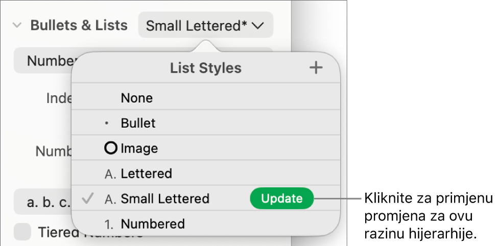Skočni izbornik Stilovi popisa s tipkom Ažuriraj pokraj naziva novog stila.