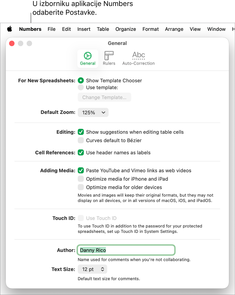 Prozor postavki aplikacije Numbers otvara se na prozor Općenito, s postavkama za nove tablične dokumente, zadano zumiranje, uređivanje, reference ćelije, nevidljive stavke, jednadžbe, dodavanje medija, Touch ID, ime autora i zadanu veličinu teksta.