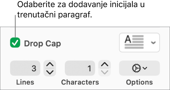 Odabrana je potvrdna kućica Inicijal i javlja se skočni izbornik s njegove desne strane; kontrole za postavljanje visine linije, broj znakova i druge opcije javljaju se ispod njega.