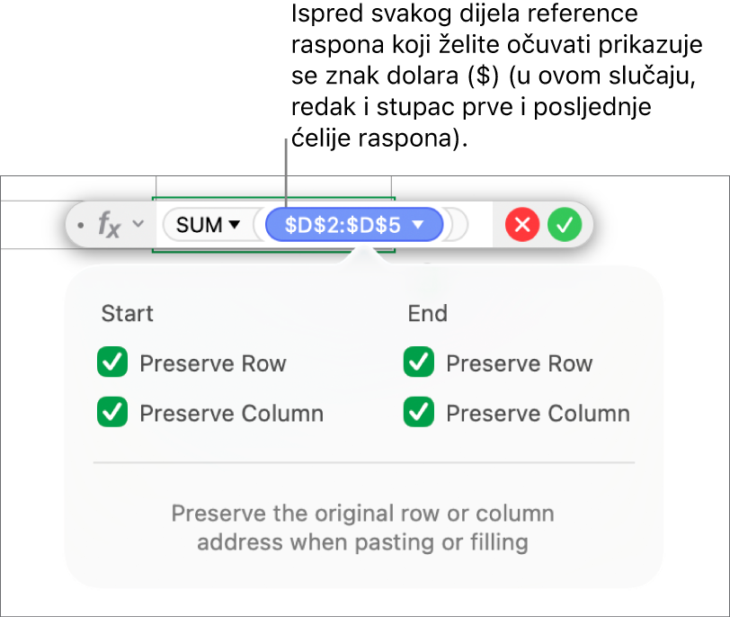 Formula s prikazom sačuvanih referenci redaka i stupaca.