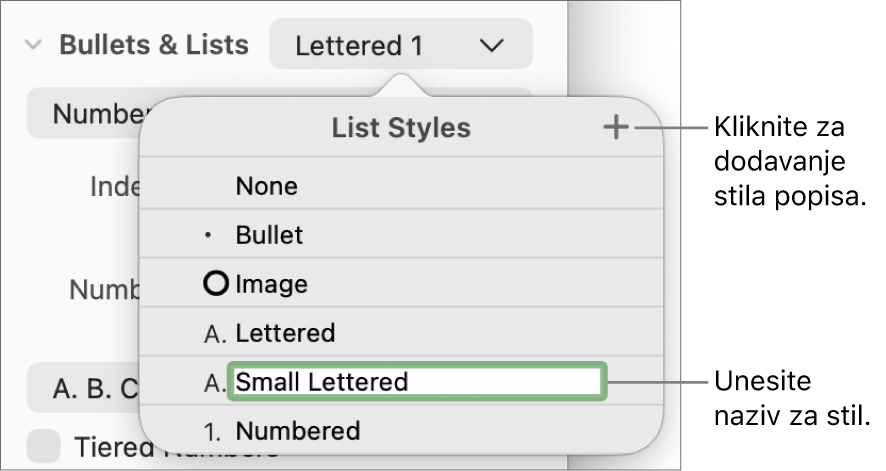 Skočni izbornik Stilovi popisa s tipkom Dodaj u gornjem desnom kutu i nazivom stila držača mjesta s odabranim tekstom.
