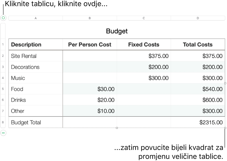 Odabrana tablica, s bijelim kvadratima za promjenu veličine.