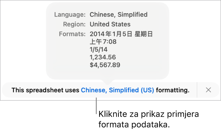 Obavijest o postavci drugog jezika i regije, pokazuje primjere formatiranja na tom jeziku i u toj regiji.