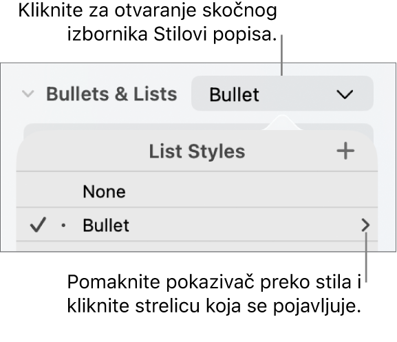 Skočni izbornik Stila popisa s jednim odabranim stilom i strelicom na kraju desne strane.