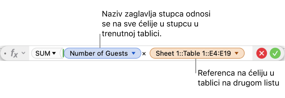 Urednik formula s prikazom formule koja se odnosi na stupac u jednoj tablici i ćeliju u drugoj tablici.