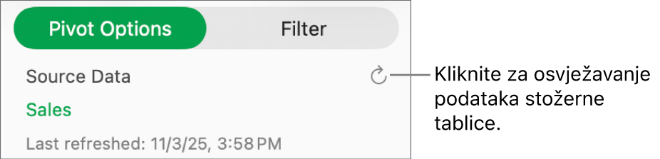 Kartica Opcije zakretanja prikazuju opciju za osvježavanje zaokretne tablice.