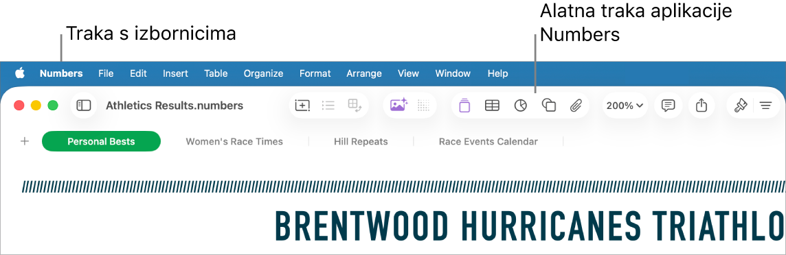 Traka izbornika na vrhu zaslona s izbornicima Apple, Numbers, Datoteka, Uredi, Unesi, Tablica, Organiziraj, Formatiraj, Razmjesti, Prikaz, Prozor i Pomoć. Ispod trake izbornika nalazi se otvoreni tablični dokument aplikacije Numbers s tipkama alatne trake preko vrha za opcije Prikaz, Zumiraj, Dodaj kategoriju, Zaokretna tablica, Unesi, Tablica, Grafikon i Tekst