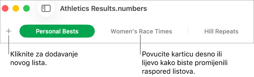 Traka s karticama za dodavanje novog lista i promjenu rasporeda listova.