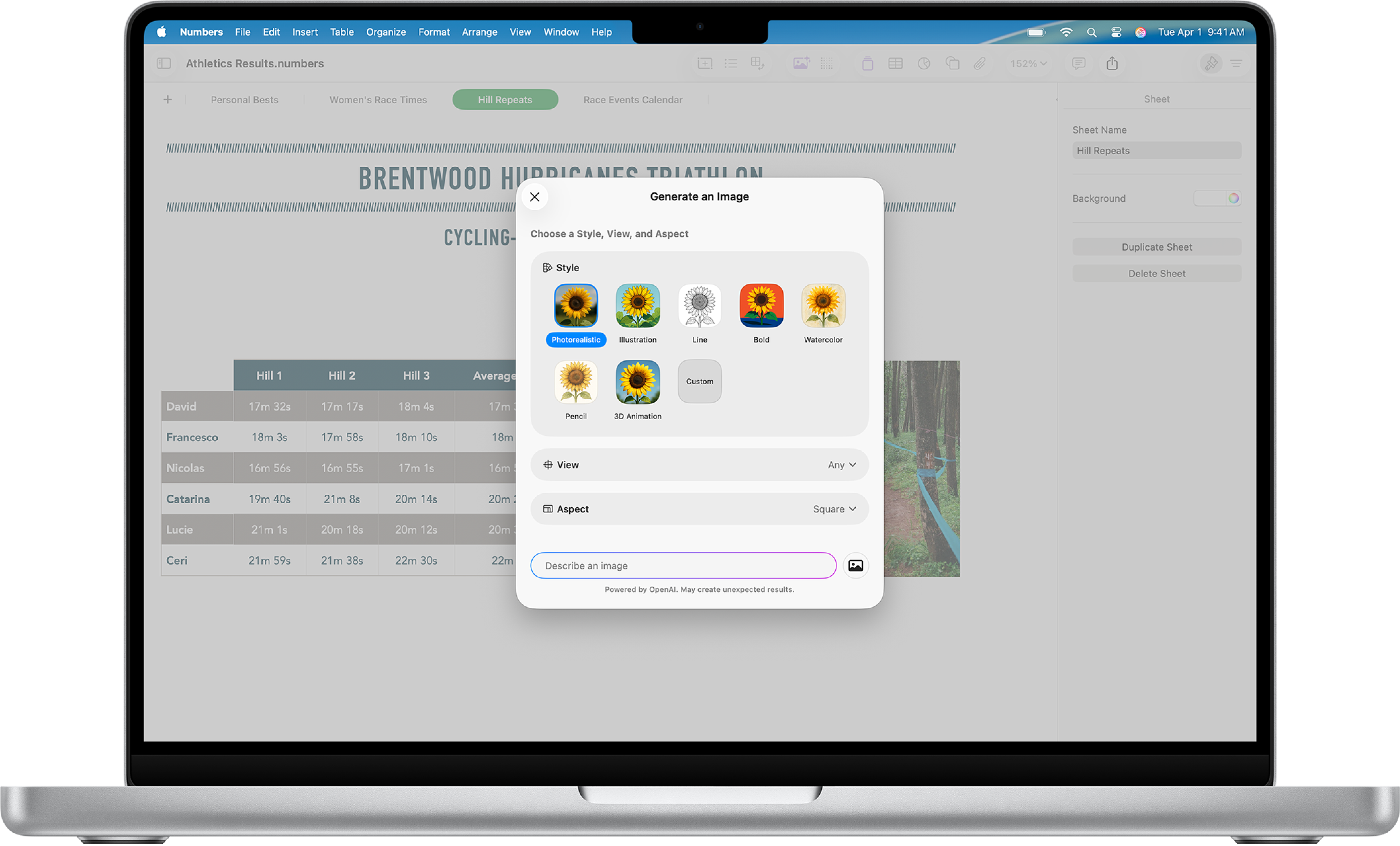 Dijaloški okvir Generiraj sliku s prikazom opcija za generiranje slike iz opisa teksta.
