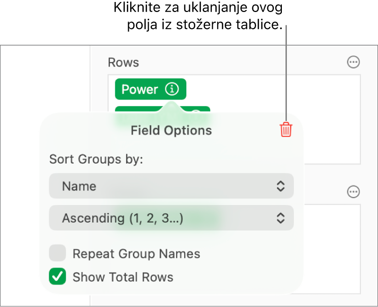 Izbornik Opcije polja prikazuje naredbe za grupiranje i razvrstavanje podataka, kao i opcije za uklanjanje polja.