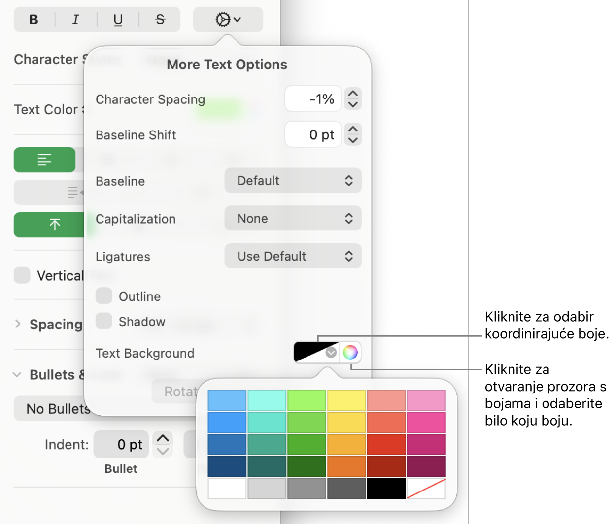 Kontrole za odabir boje ispune znakova.