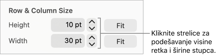 Kontrole za precizno podešavanje veličine retka ili stupca.