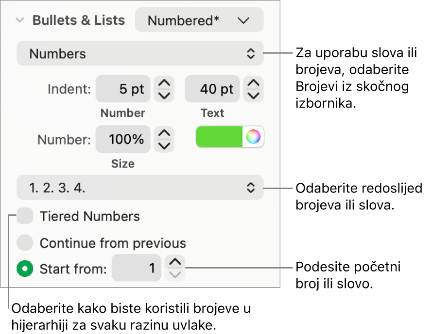Kontrole za mijenjanje stila brojeva i razmaka između stavki popisa.