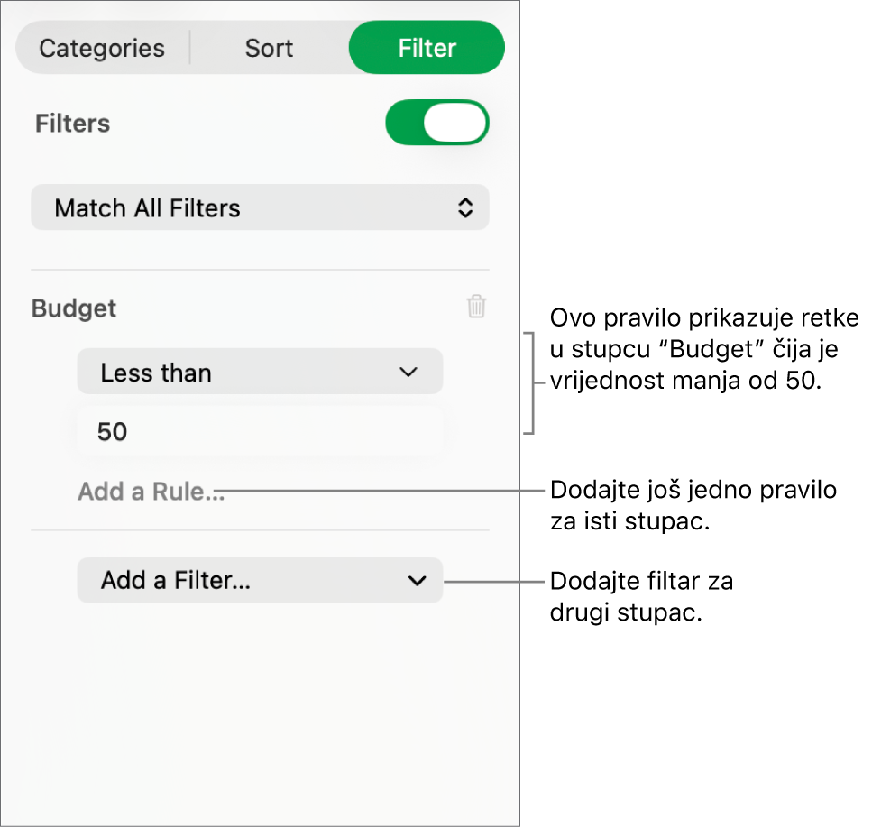 Kontrole za izradu pravila filtriranja.