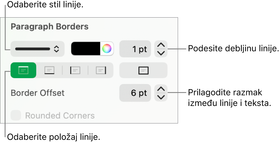 Kontrole za promjenu stila, debljine, položaja i boje linije.