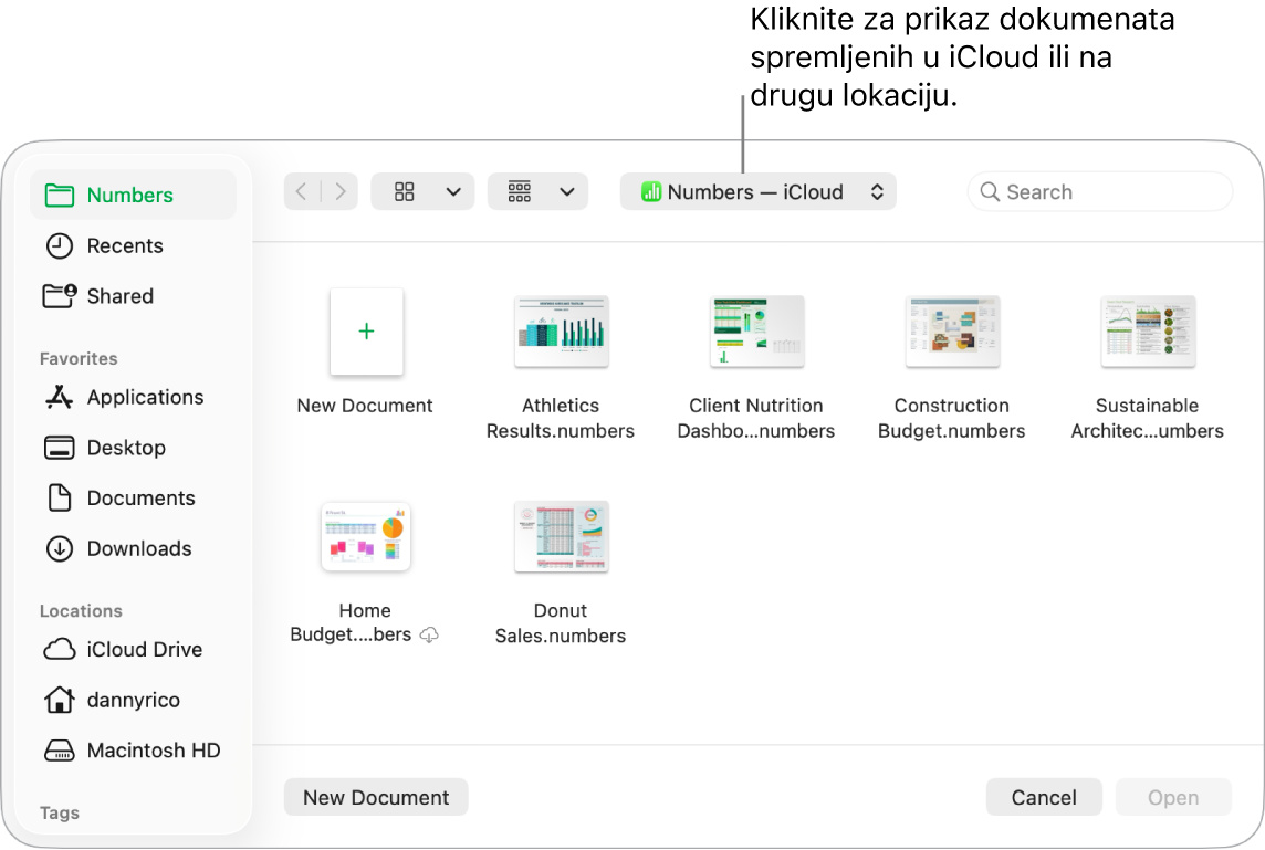Dijaloški okvir Otvori s otvorenim rubnim stupcem na lijevoj strani i iCloud Drive odabran u skočnom izborniku na vrhu. Mape za aplikacije Keynote, Numbers i Pages pojavljuju se u dijaloškom okviru uz tipku Novi dokument.
