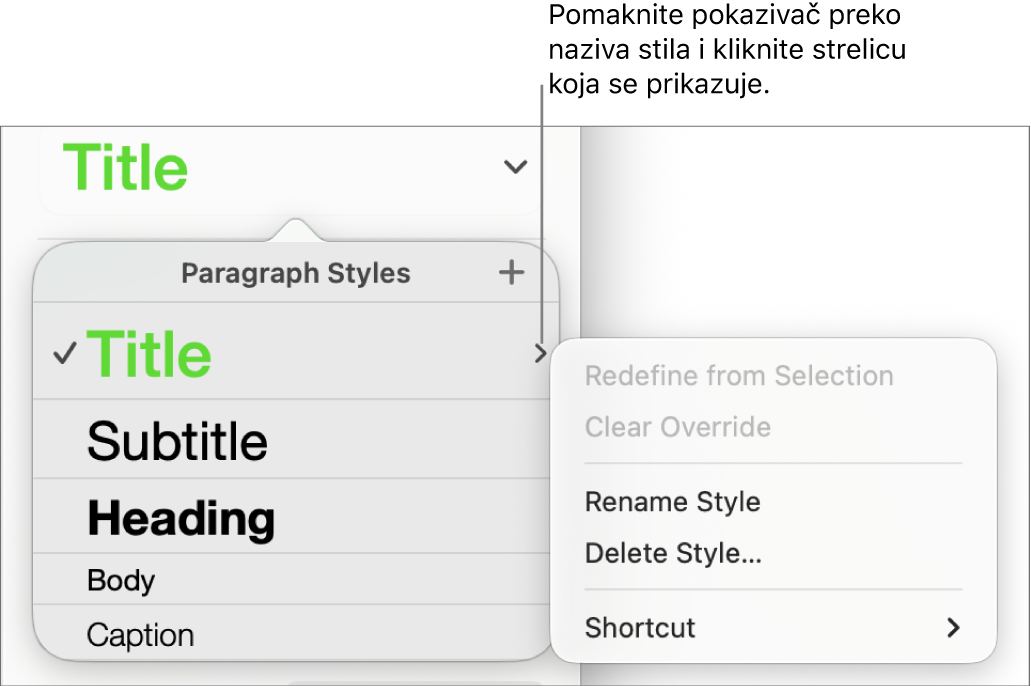 Izbornik stilova paragrafa s otvorenim izbornikom prečaca.