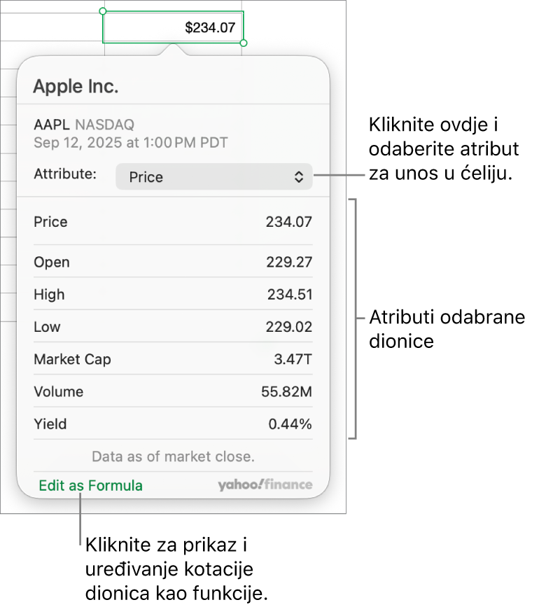 Dijaloški okvir za unos informacija o atributu dionice, s Appleom kao odabranom dionicom.