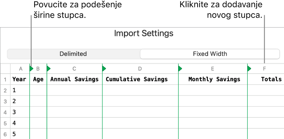 Postavke importiranja za tekstualnu datoteku fiksne širine.