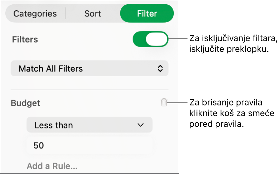Kontrole za brisanje filtra ili isključivanje svih filtara.