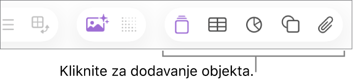 Alatna traka aplikacije Numbers s tipkama Umetni, Tablica, Grafikon, Tekst, Oblik i Mediji.