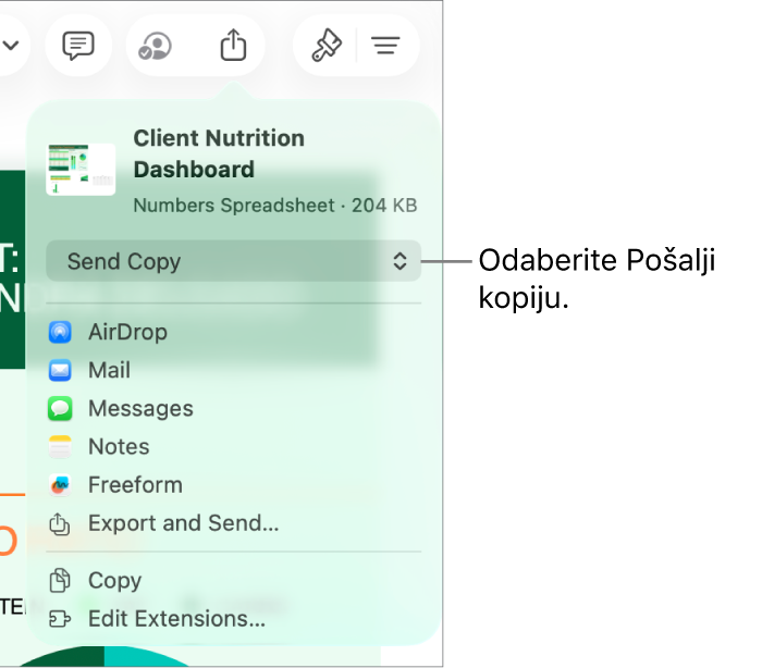 Izbornik dijeljenja s odabranom opcijom Pošalji kopiju pri vrhu.