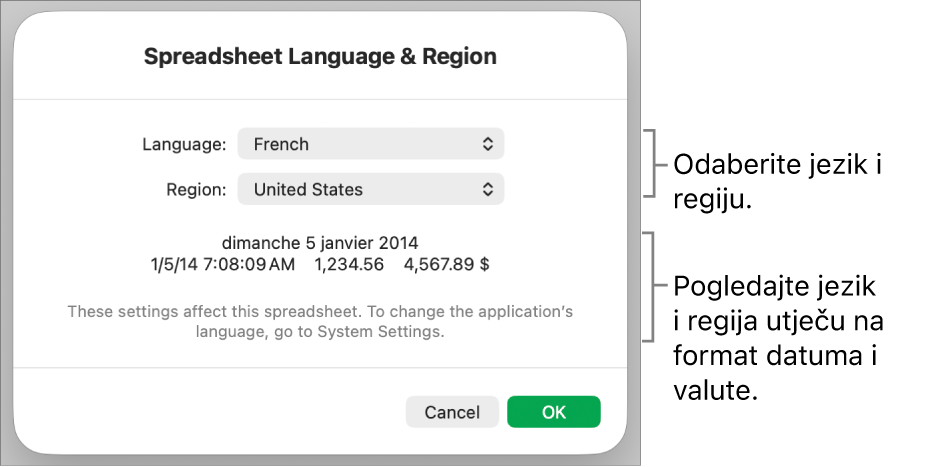 Prozor Jezik i regija s kontrolama za jezik i regiju te primjer formatiranja uključujući datum, vrijeme, decimalu i valutu.