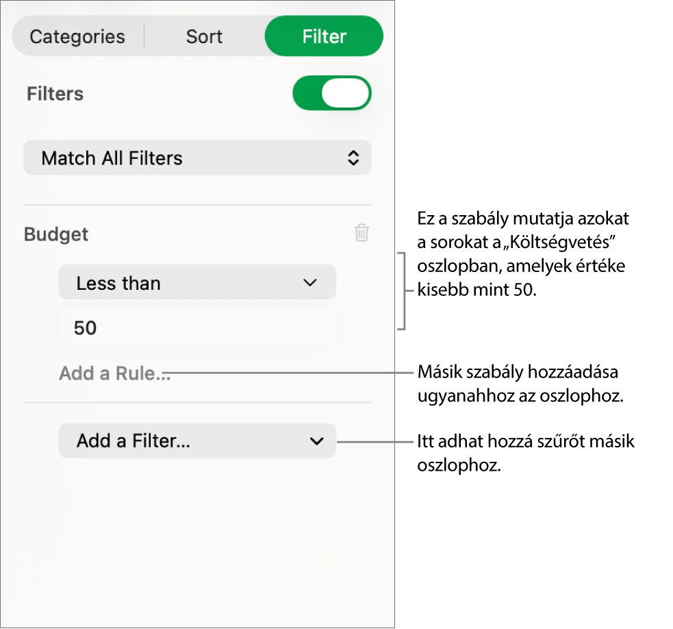 A szűrőszabályok létrehozására szolgáló vezérlők.
