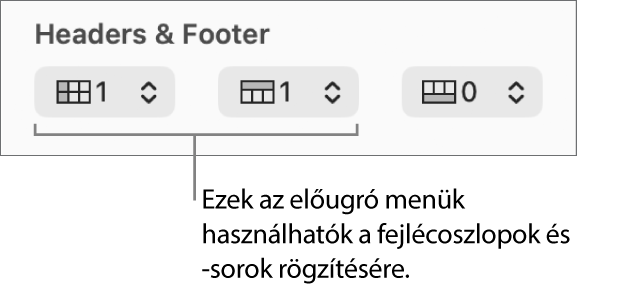Előugró menük, amelyek segítségével fejléc- és láblécoszlopokat és -sorokat adhat hozzá egy táblázathoz, illetve rögzítheti a fejlécsorokat és fejlécoszlopokat.