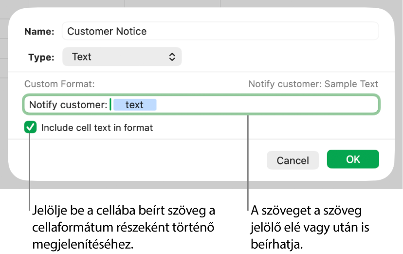 Egyéni szövegcella-formátum.
