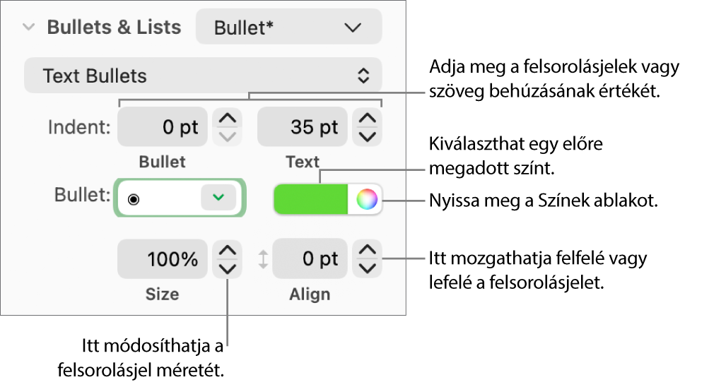 A Felsorolásjelek és listák szakasz a felsorolásjel- és szövegbehúzás, a felsorolásjelszín, -méret és igazítás vezérlőit jelölő feliratokkal.