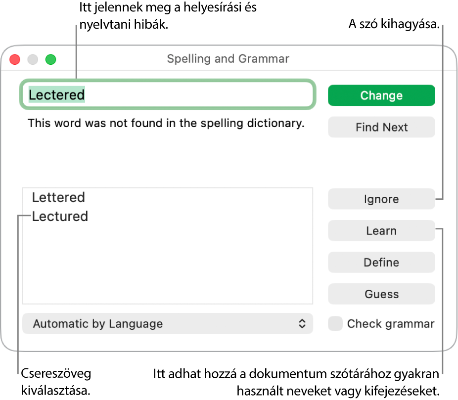 A Helyesírás és nyelvtan ablak.